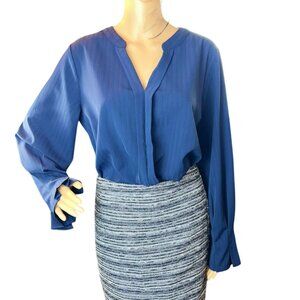 Goory Long Sleeve V-Neck Popover Blouse in Navy Size Large
